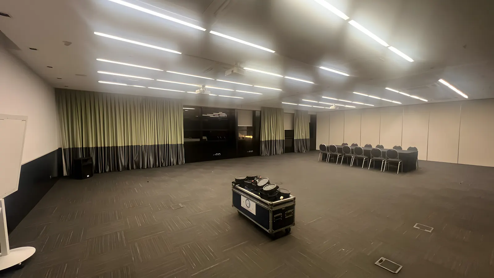 Salón antes del montaje de iluminación, con luz blanca de servicio